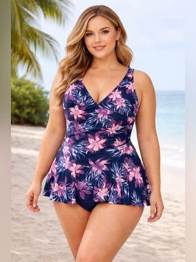Jaclyn Smith Navy Floral Swimdress with Pink Lilies, bathing suit, size 16